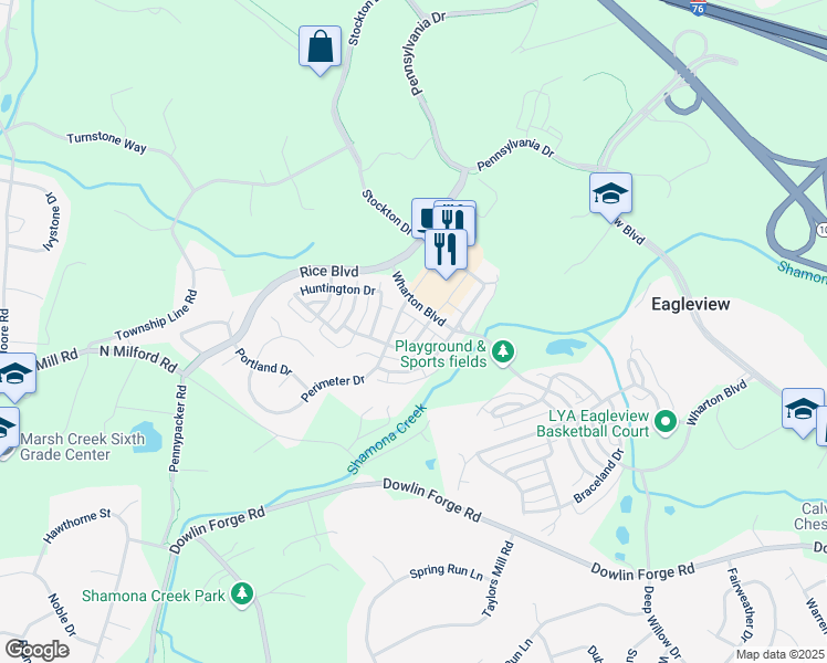 map of restaurants, bars, coffee shops, grocery stores, and more near 574 Cricket Lane in Downingtown