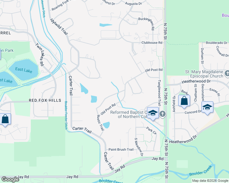 map of restaurants, bars, coffee shops, grocery stores, and more near 7185 Rustic Trail in Boulder