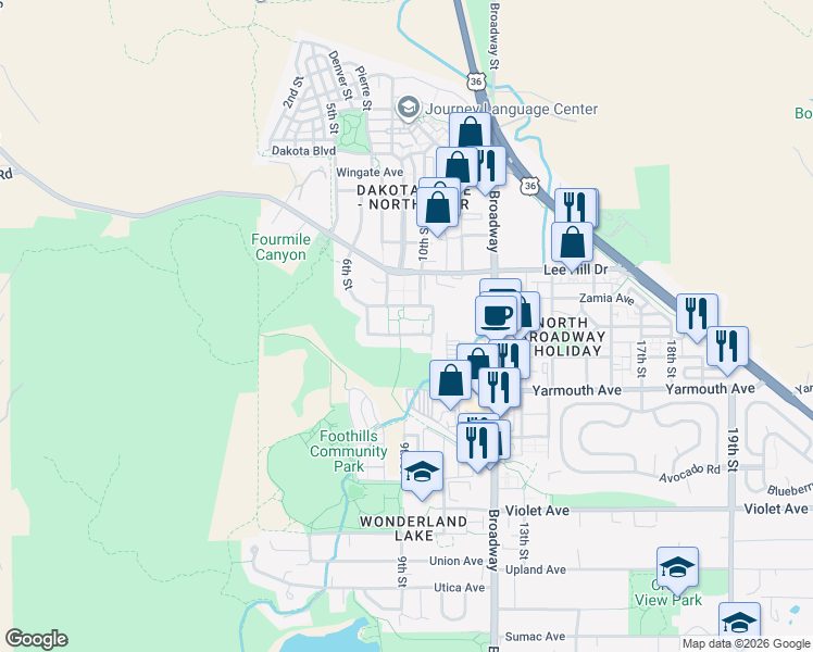 map of restaurants, bars, coffee shops, grocery stores, and more near 958 Zamia Avenue in Boulder
