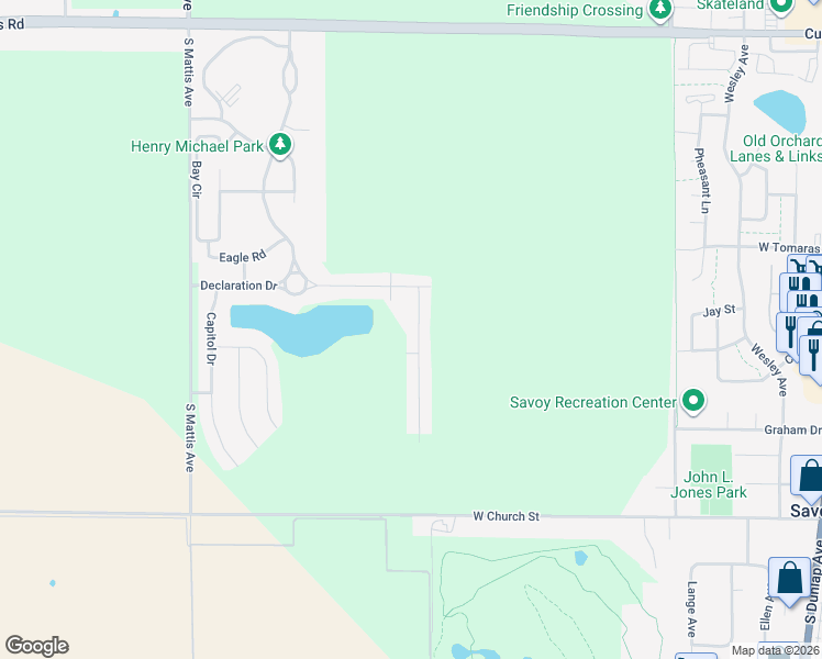 map of restaurants, bars, coffee shops, grocery stores, and more near 1009 Declaration Drive in Savoy