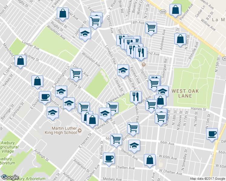 map of restaurants, bars, coffee shops, grocery stores, and more near 7030 Woolston Avenue in Philadelphia
