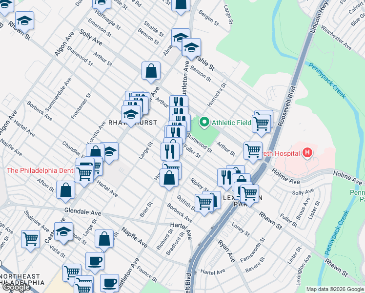 map of restaurants, bars, coffee shops, grocery stores, and more near 2216 Stanwood Street in Philadelphia