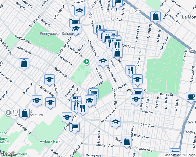 map of restaurants, bars, coffee shops, grocery stores, and more near 7023 Woolston Avenue in Philadelphia