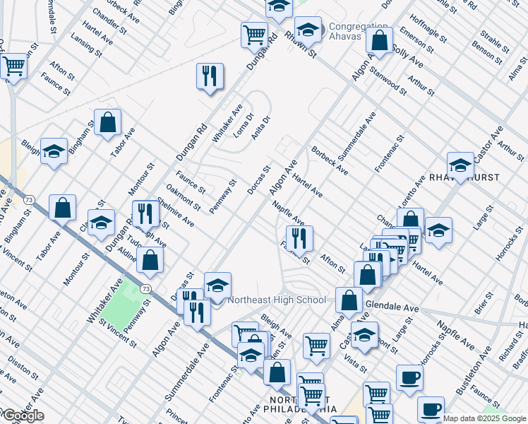 map of restaurants, bars, coffee shops, grocery stores, and more near 7619 Algon Avenue in Philadelphia