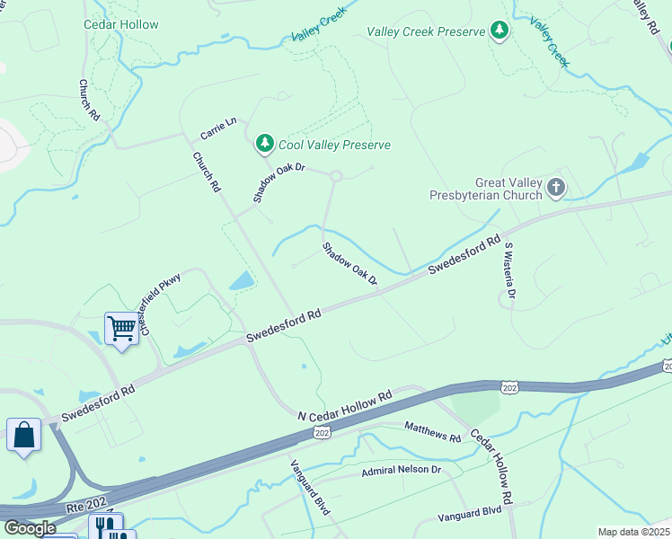 map of restaurants, bars, coffee shops, grocery stores, and more near 1172 Shadow Oak Drive in Malvern