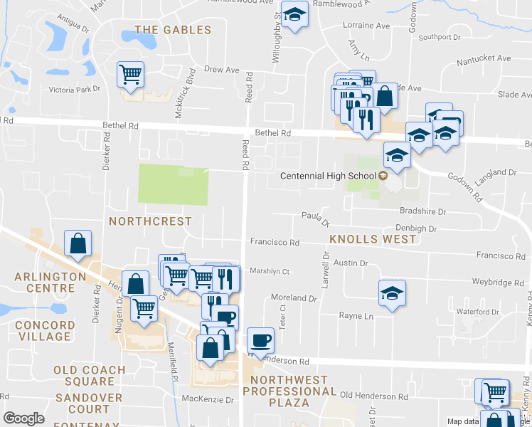 map of restaurants, bars, coffee shops, grocery stores, and more near 1741 Paula Drive in Columbus
