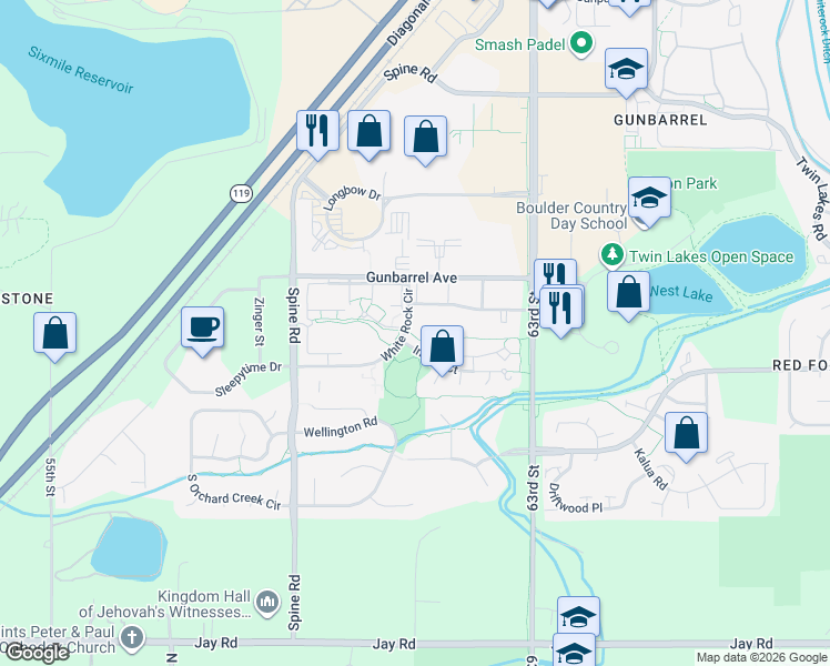 map of restaurants, bars, coffee shops, grocery stores, and more near 4700 White Rock Circle in Boulder
