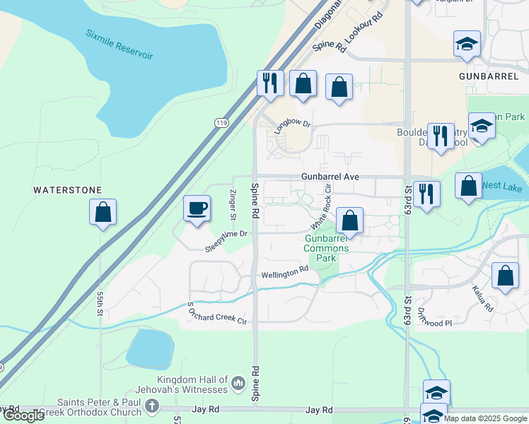 map of restaurants, bars, coffee shops, grocery stores, and more near 5924 Gunbarrel Avenue in Boulder