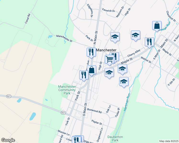 map of restaurants, bars, coffee shops, grocery stores, and more near 24 North Main Street in Manchester