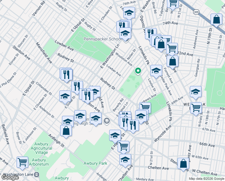 map of restaurants, bars, coffee shops, grocery stores, and more near 1601 Wynsam Street in Philadelphia