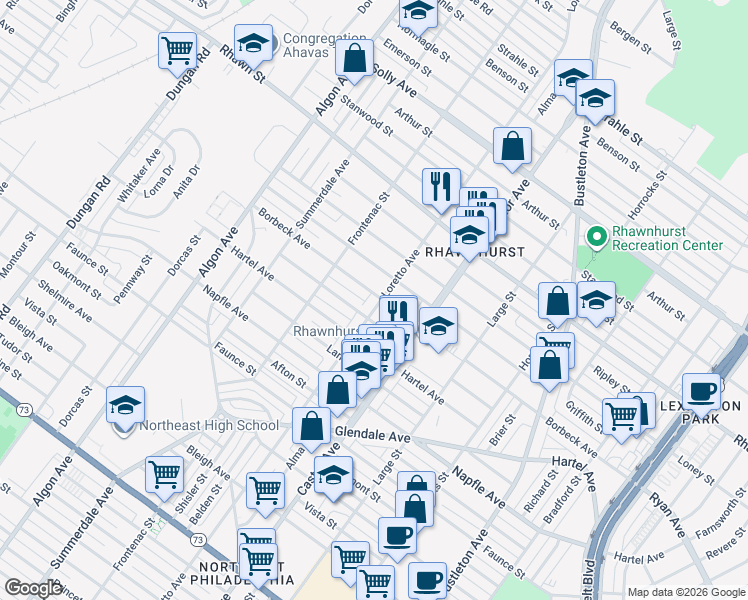 map of restaurants, bars, coffee shops, grocery stores, and more near 7830 Loretto Avenue in Philadelphia