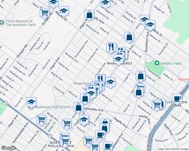 map of restaurants, bars, coffee shops, grocery stores, and more near 7906 Loretto Avenue in Philadelphia