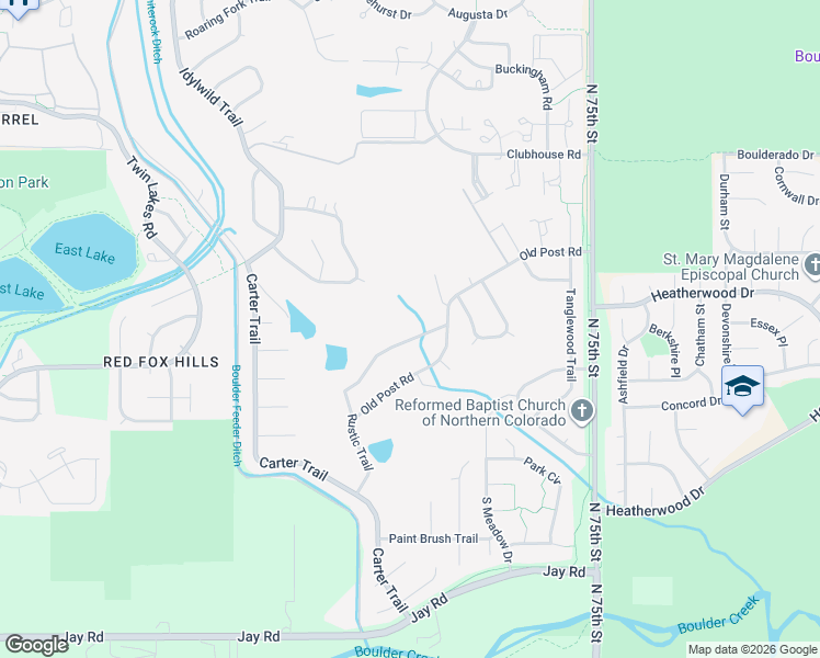 map of restaurants, bars, coffee shops, grocery stores, and more near 7185 Rustic Trail in Boulder
