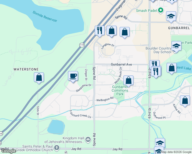 map of restaurants, bars, coffee shops, grocery stores, and more near 5924 Gunbarrel Avenue in Boulder