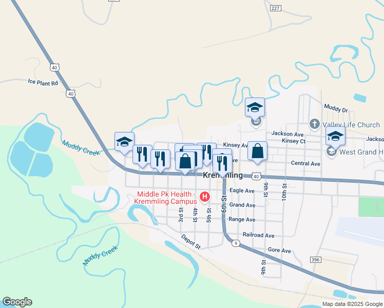 map of restaurants, bars, coffee shops, grocery stores, and more near 302 Kinsey Avenue in Kremmling
