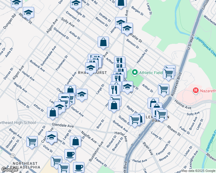 map of restaurants, bars, coffee shops, grocery stores, and more near 2102 Rhawn Street in Philadelphia