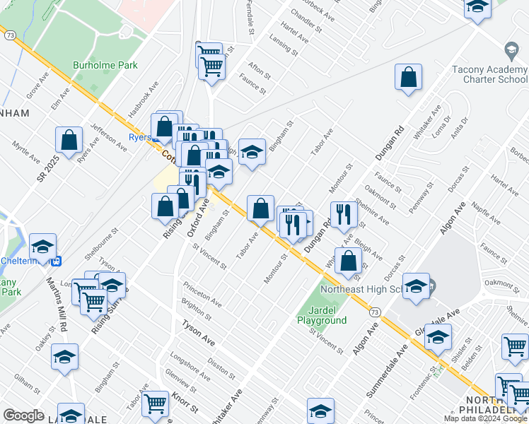map of restaurants, bars, coffee shops, grocery stores, and more near 7312 Lawndale Avenue in Philadelphia
