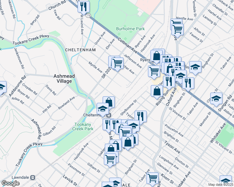 map of restaurants, bars, coffee shops, grocery stores, and more near 122 Myrtle Avenue in Montgomery County