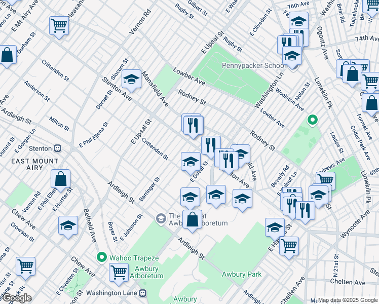 map of restaurants, bars, coffee shops, grocery stores, and more near 1334 Barringer Street in Philadelphia