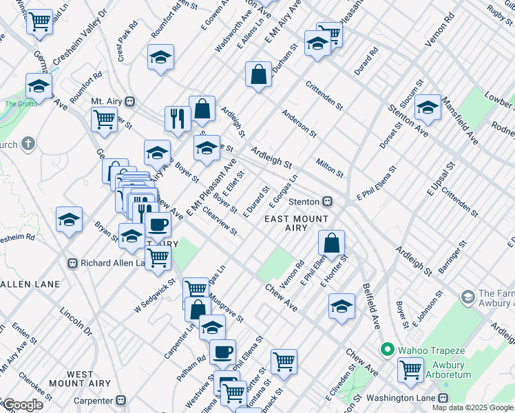 map of restaurants, bars, coffee shops, grocery stores, and more near 228 East Durard Street in Philadelphia