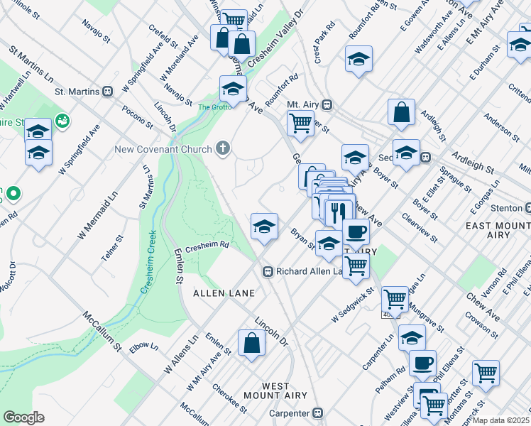map of restaurants, bars, coffee shops, grocery stores, and more near 92 West Gowen Avenue in Philadelphia