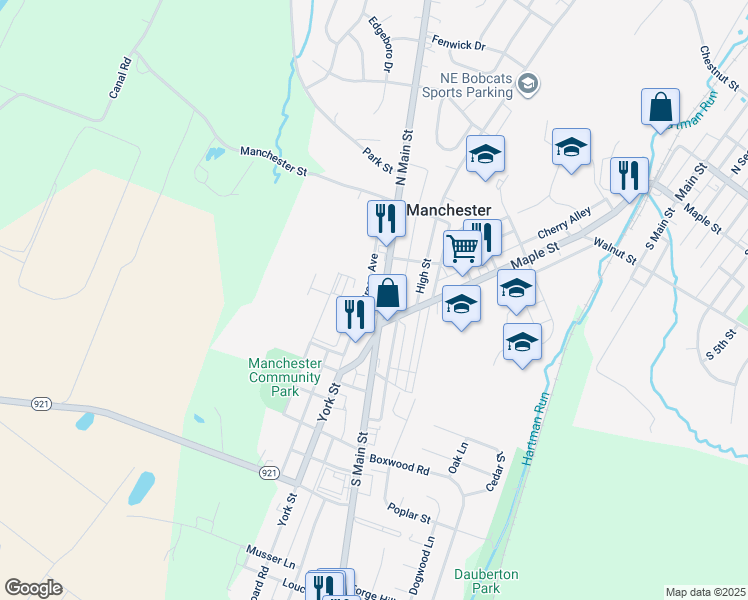 map of restaurants, bars, coffee shops, grocery stores, and more near 38 Pennsylvania 181 in Manchester