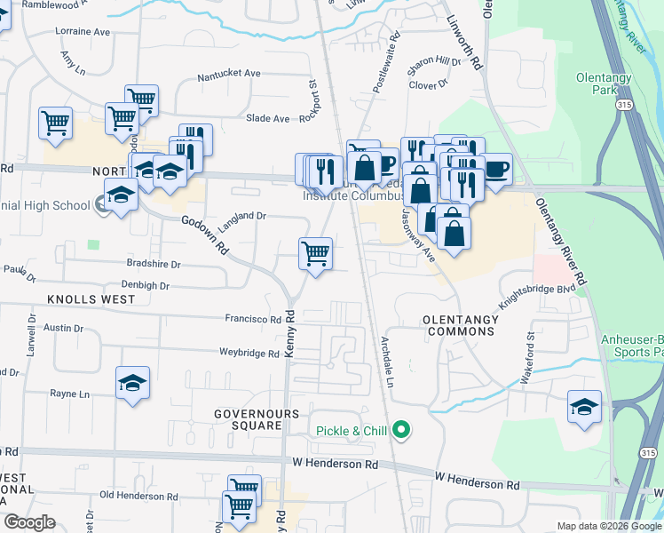 map of restaurants, bars, coffee shops, grocery stores, and more near 4700 Brooke Nicole Drive in Columbus