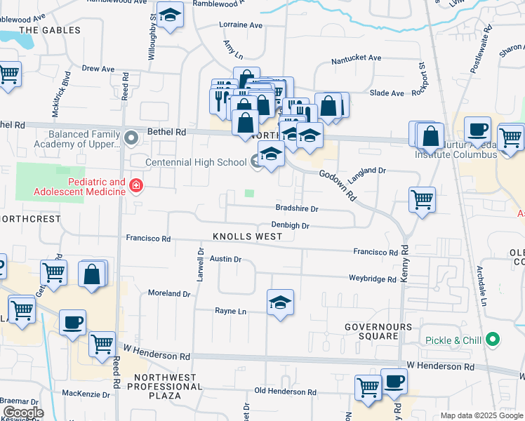 map of restaurants, bars, coffee shops, grocery stores, and more near 1416 Bradshire Drive in Columbus