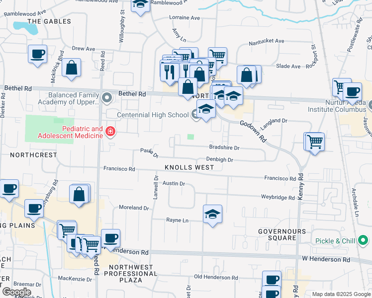 map of restaurants, bars, coffee shops, grocery stores, and more near 1512 Bradshire Drive in Columbus