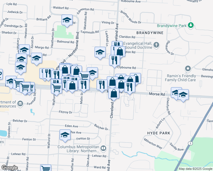 map of restaurants, bars, coffee shops, grocery stores, and more near 2380 Morse Road in Columbus