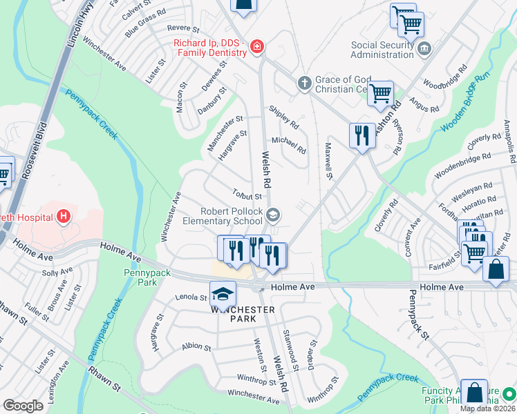 map of restaurants, bars, coffee shops, grocery stores, and more near 2835 Walnut Hill Street in Philadelphia