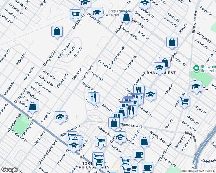 map of restaurants, bars, coffee shops, grocery stores, and more near 1726 Hartel Avenue in Philadelphia