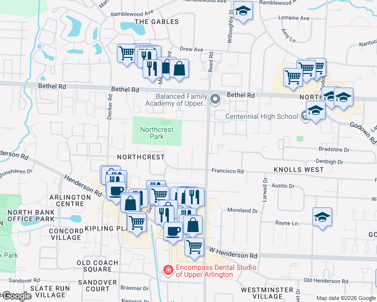 map of restaurants, bars, coffee shops, grocery stores, and more near 5069 Jamestown Road in Columbus
