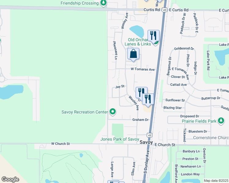 map of restaurants, bars, coffee shops, grocery stores, and more near 303 Jay Street in Savoy