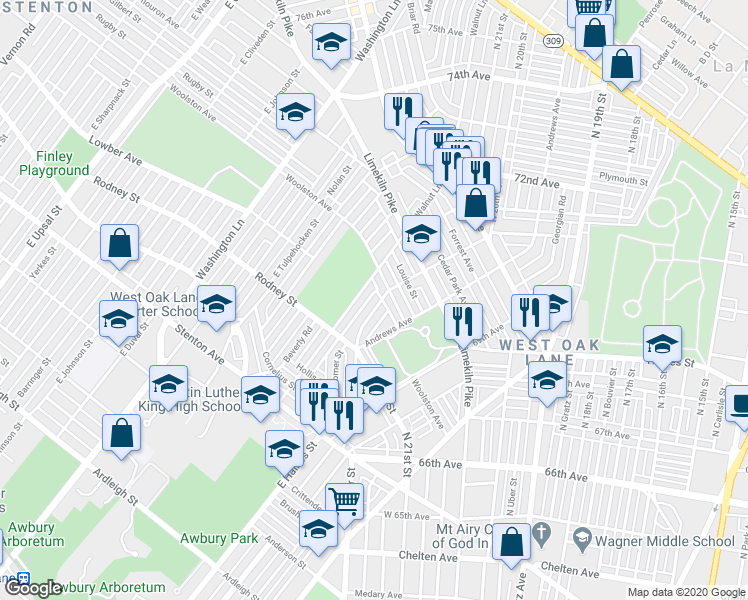 map of restaurants, bars, coffee shops, grocery stores, and more near 1661 Middleton Street in Philadelphia