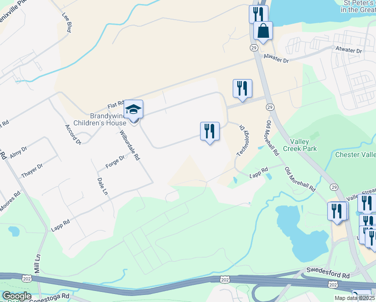 map of restaurants, bars, coffee shops, grocery stores, and more near 255 Great Valley Parkway in Malvern