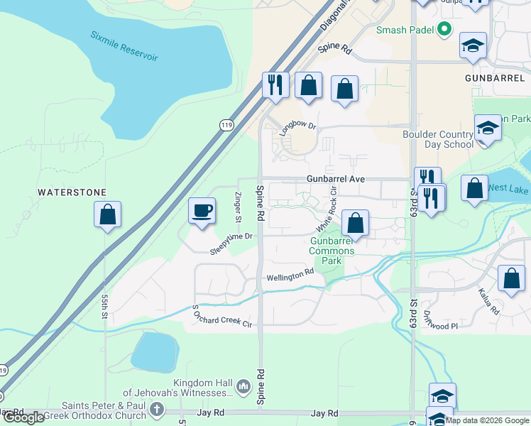 map of restaurants, bars, coffee shops, grocery stores, and more near 5924 Gunbarrel Avenue in Boulder
