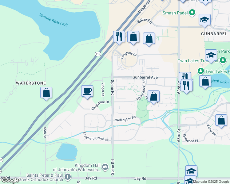 map of restaurants, bars, coffee shops, grocery stores, and more near 5924 Gunbarrel Avenue in Boulder