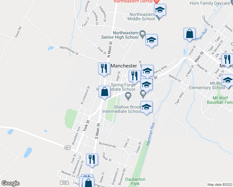 map of restaurants, bars, coffee shops, grocery stores, and more near 6 High Street in Manchester