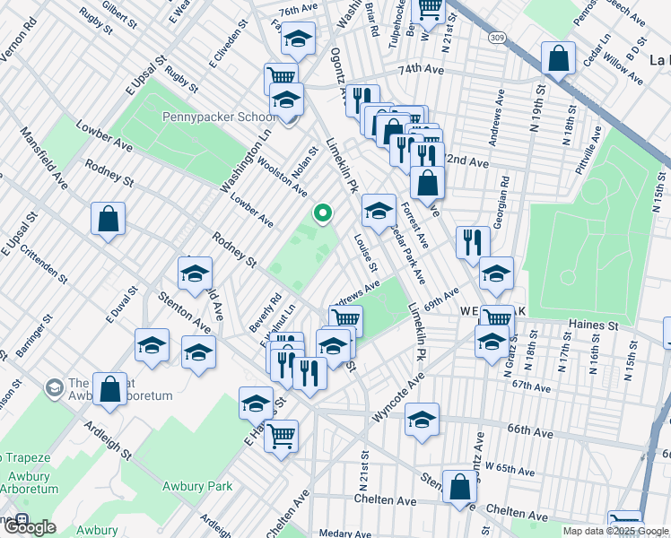 map of restaurants, bars, coffee shops, grocery stores, and more near 1661 Middleton Street in Philadelphia