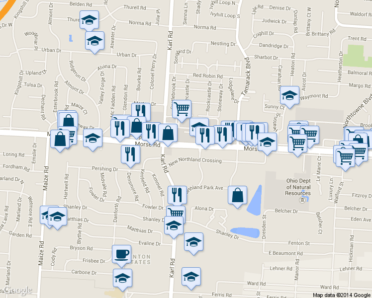 map of restaurants, bars, coffee shops, grocery stores, and more near 1649 Morse Road in Columbus