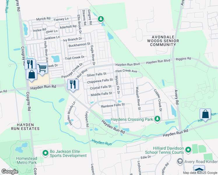 map of restaurants, bars, coffee shops, grocery stores, and more near 5555 Crystal Falls Street in Hilliard
