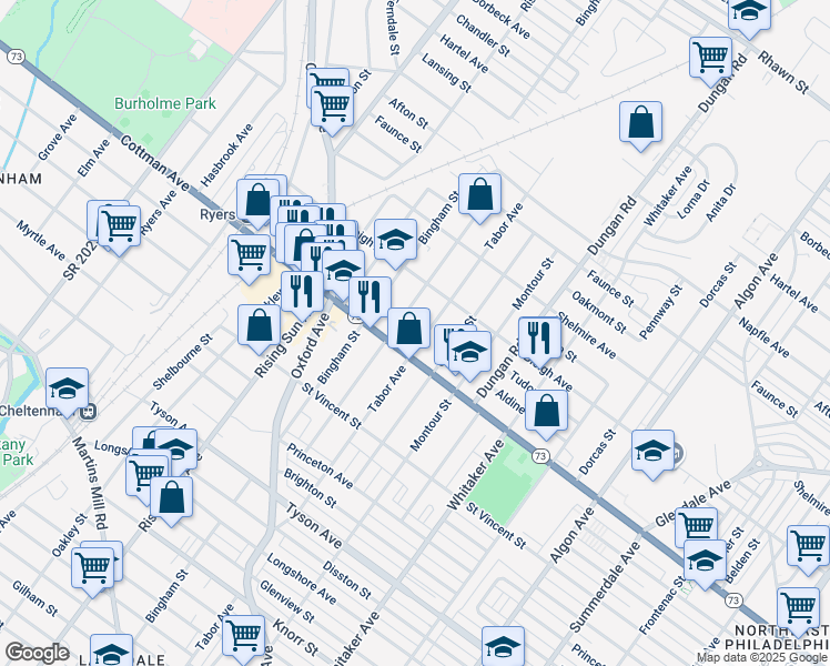 map of restaurants, bars, coffee shops, grocery stores, and more near 7312 Lawndale Avenue in Philadelphia