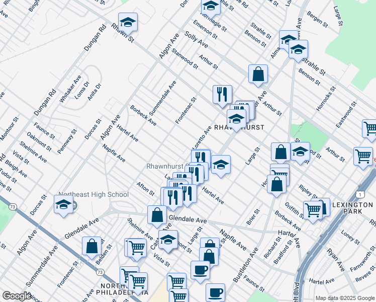 map of restaurants, bars, coffee shops, grocery stores, and more near 7828 Loretto Avenue in Philadelphia