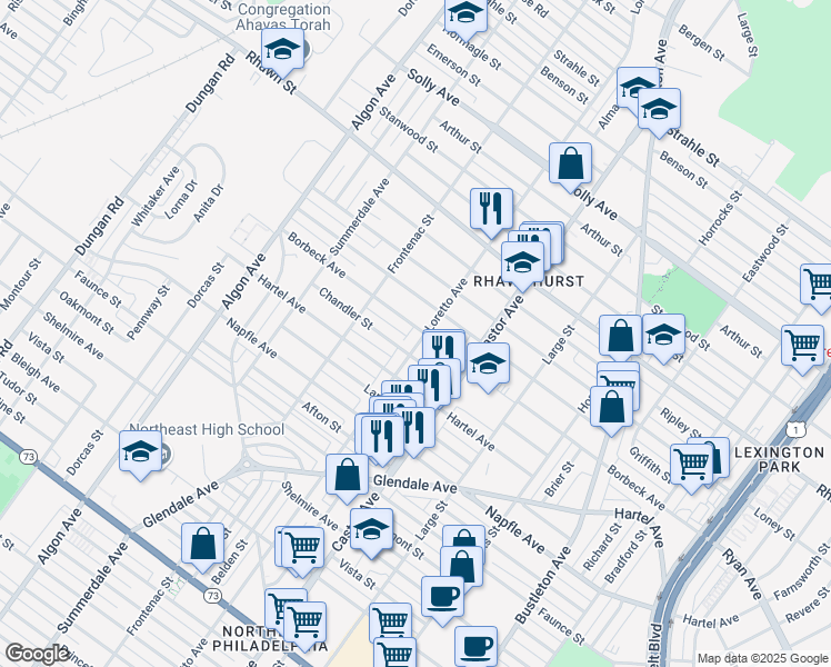 map of restaurants, bars, coffee shops, grocery stores, and more near 7828 Loretto Avenue in Philadelphia