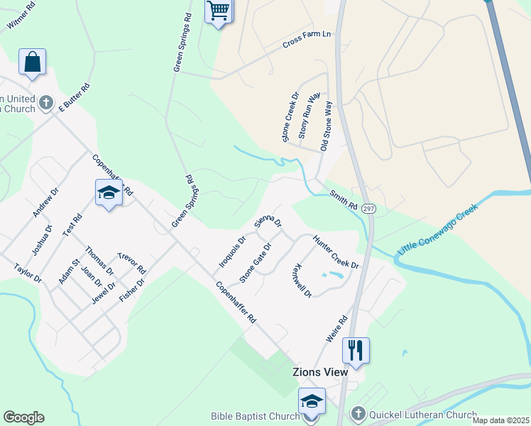 map of restaurants, bars, coffee shops, grocery stores, and more near 60 Sienna Drive in York