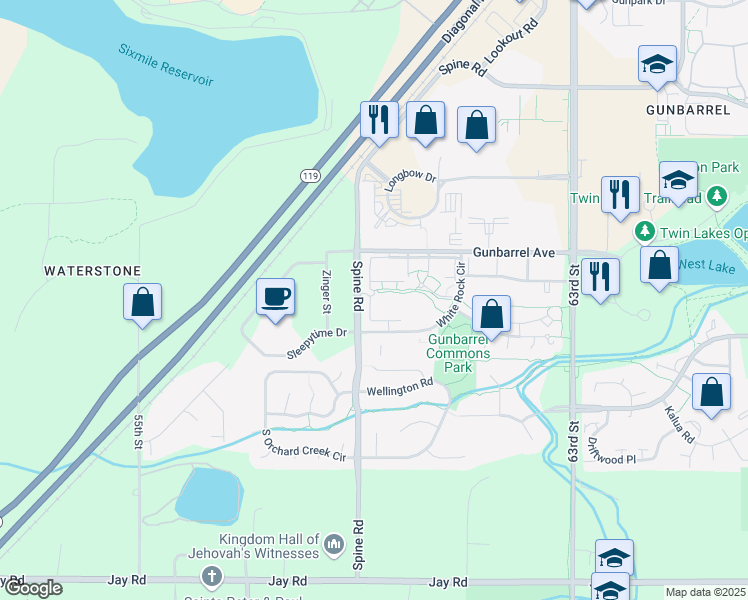 map of restaurants, bars, coffee shops, grocery stores, and more near 4713 Spine Road in Boulder