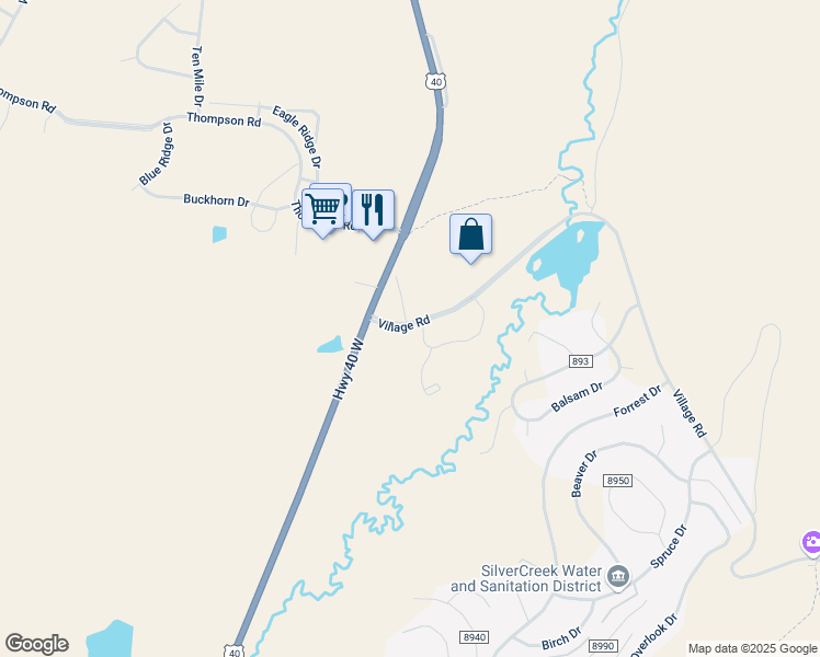 map of restaurants, bars, coffee shops, grocery stores, and more near 150 Village Road in Granby
