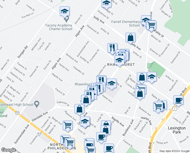 map of restaurants, bars, coffee shops, grocery stores, and more near 7830 Loretto Avenue in Philadelphia