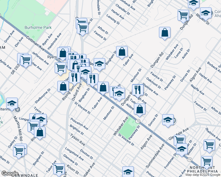 map of restaurants, bars, coffee shops, grocery stores, and more near 7323 Tabor Avenue in Philadelphia